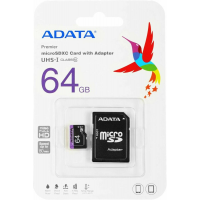 Карта памяти ADATA microSDXC 64 ГБ, UHS-I U1, R 50 МБ/с, адаптер на SD, 1 шт, черный